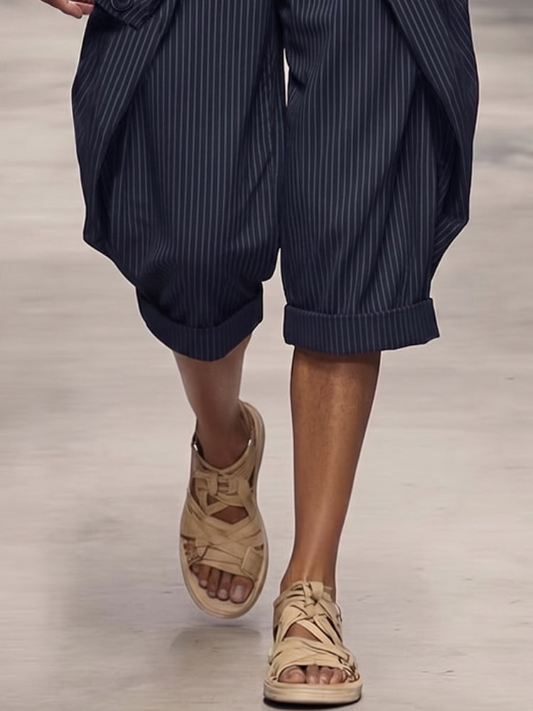 Casual Pinstripe Rolled Hem Cargo Shorts