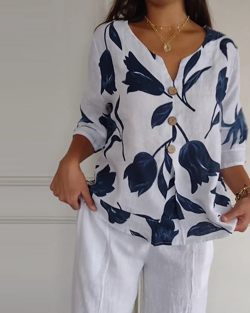 Luné® | Amélie — Elegante Katoen-Linnen Top met Bloemenprint