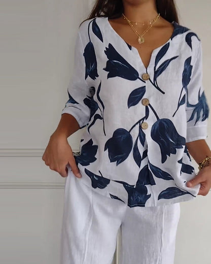 Luné® | Amélie — Elegante Katoen-Linnen Top met Bloemenprint