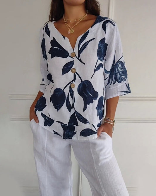 Luné® | Amélie — Elegante Katoen-Linnen Top met Bloemenprint