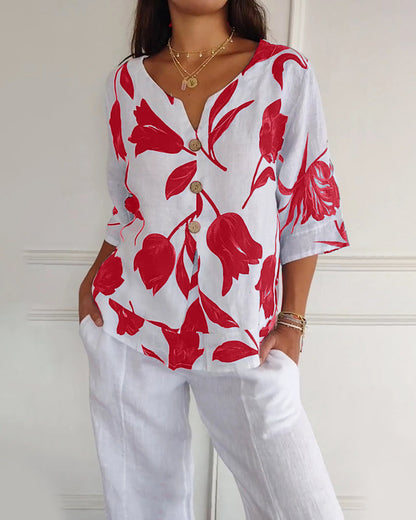 Luné® | Amélie — Elegante Katoen-Linnen Top met Bloemenprint
