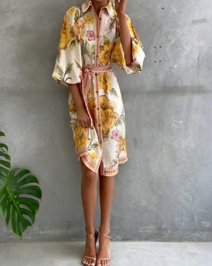 Luné® | Camille — Elegante Jurk met Geribbelde Kraag & Volumineuze Mouwen