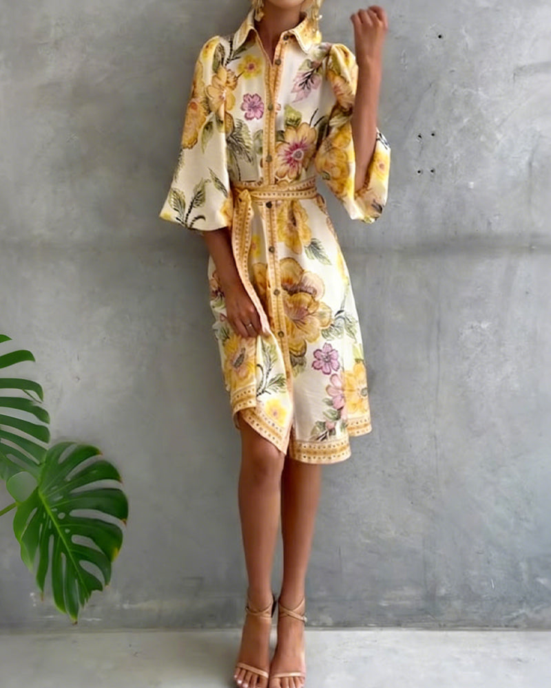 Luné® | Camille — Elegante Jurk met Geribbelde Kraag & Volumineuze Mouwen