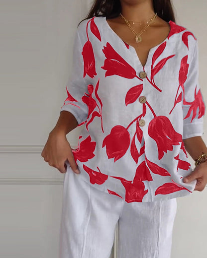 Luné® | Amélie — Elegante Katoen-Linnen Top met Bloemenprint
