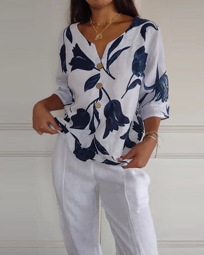 Luné® | Amélie — Elegante Katoen-Linnen Top met Bloemenprint