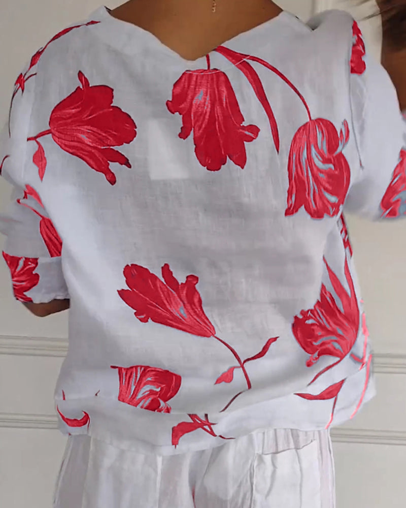Luné® | Amélie — Elegante Katoen-Linnen Top met Bloemenprint