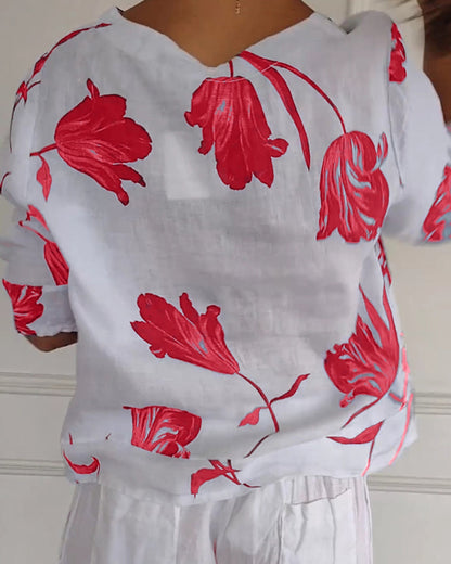 Luné® | Amélie — Elegante Katoen-Linnen Top met Bloemenprint