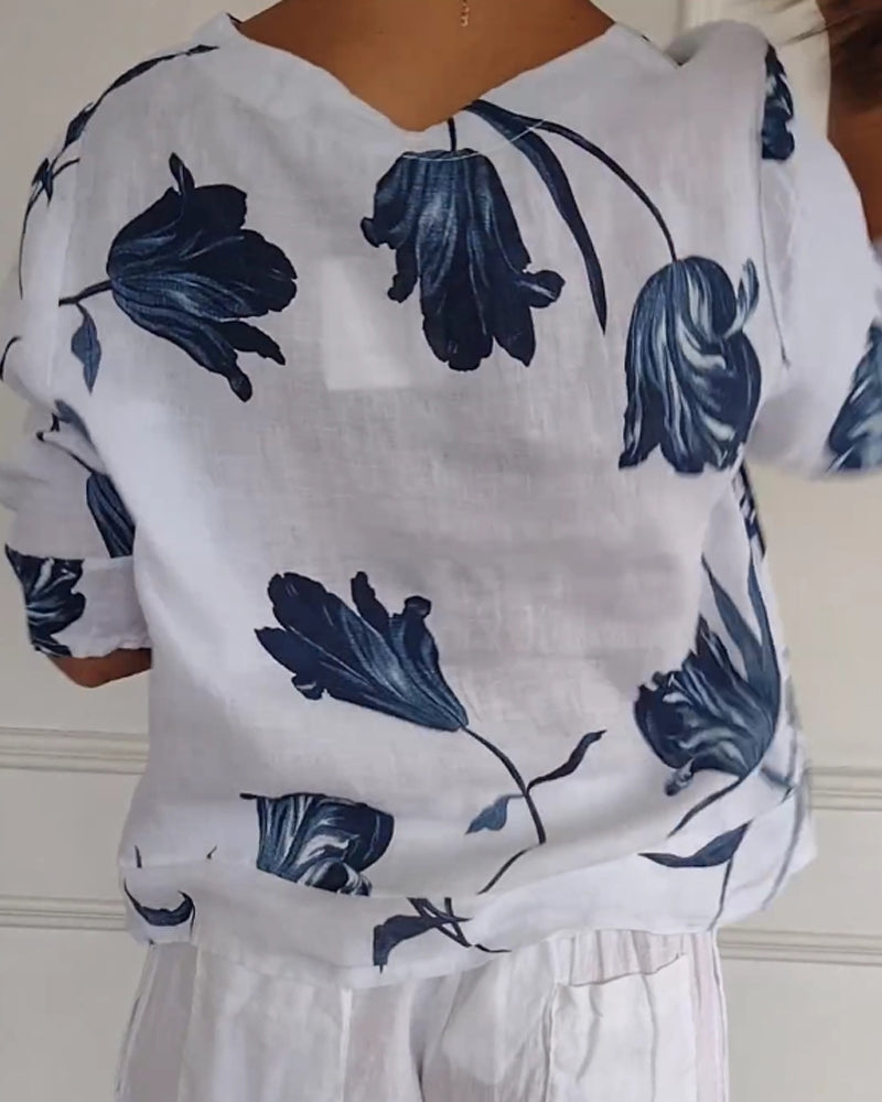 Luné® | Amélie — Elegante Katoen-Linnen Top met Bloemenprint