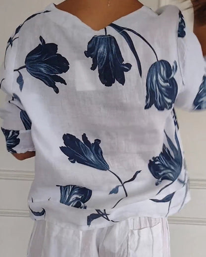 Luné® | Amélie — Elegante Katoen-Linnen Top met Bloemenprint