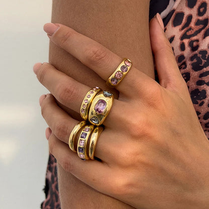 Luné® | Vivienne — Set van 6 Goudkleurige Ringen met Paarse Zirkonen