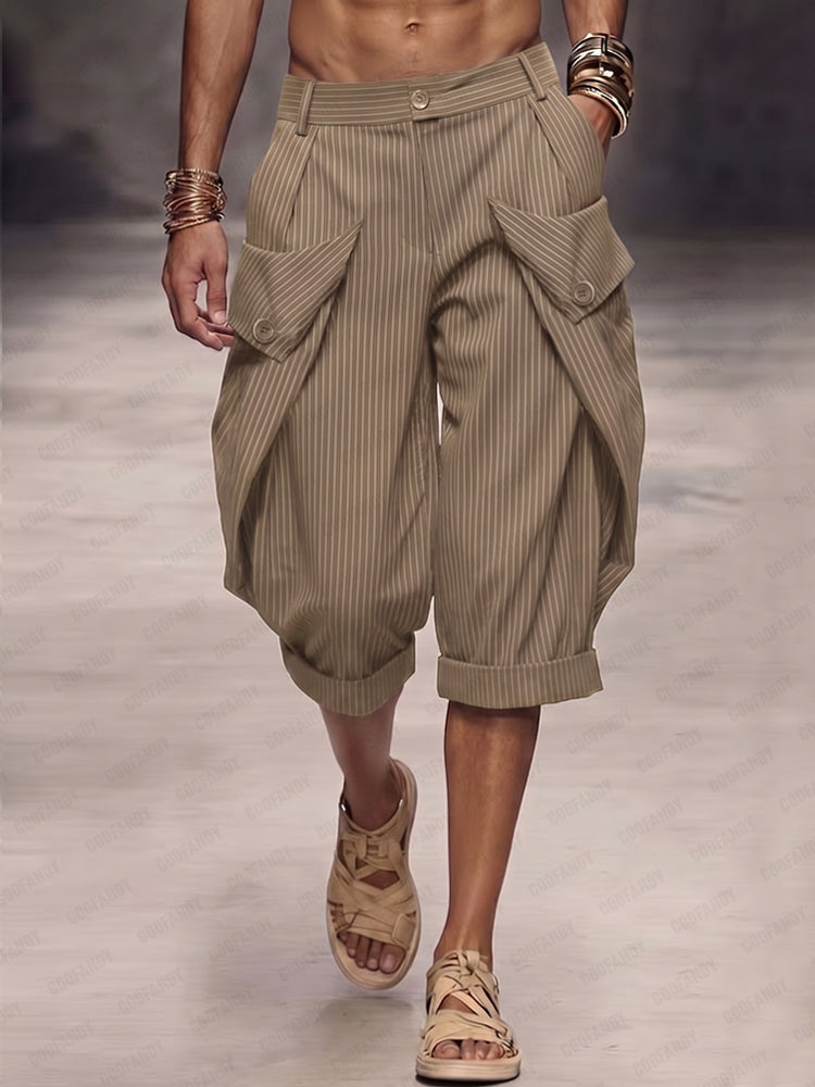 Casual Pinstripe Rolled Hem Cargo Shorts
