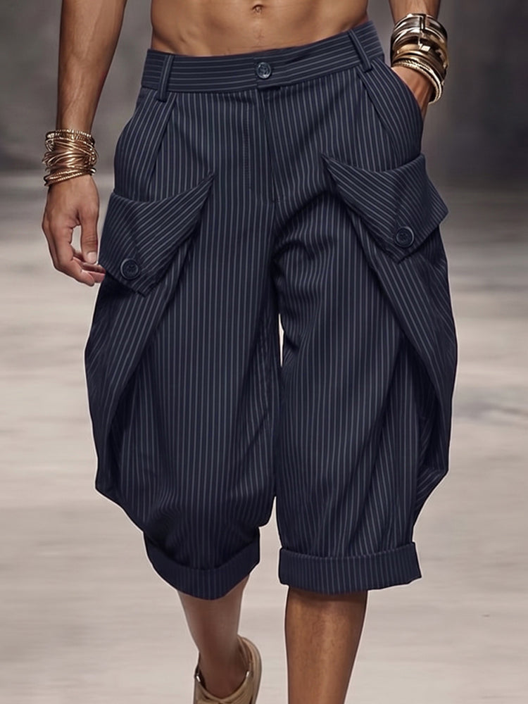 Casual Pinstripe Rolled Hem Cargo Shorts