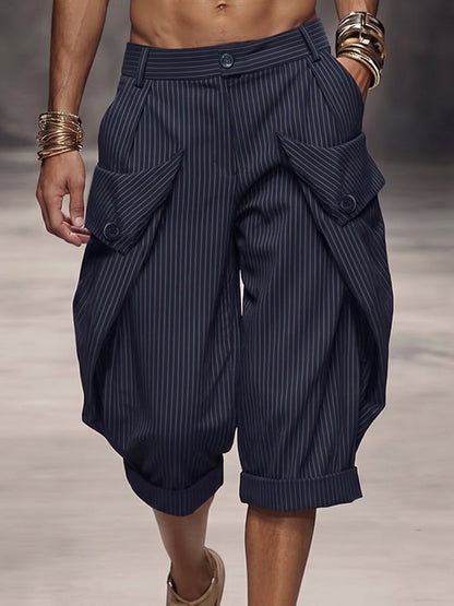 Casual Pinstripe Rolled Hem Cargo Shorts