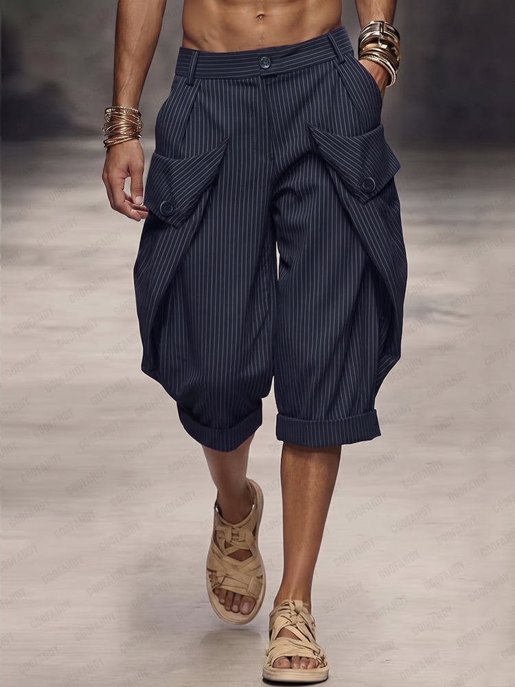 Casual Pinstripe Rolled Hem Cargo Shorts