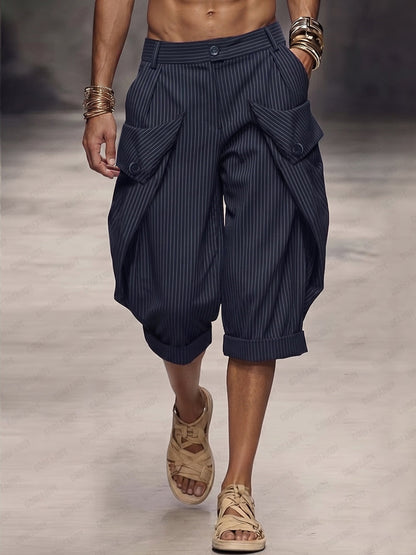 Casual Pinstripe Rolled Hem Cargo Shorts