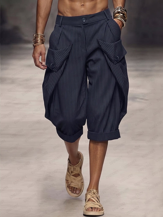 Casual Pinstripe Rolled Hem Cargo Shorts