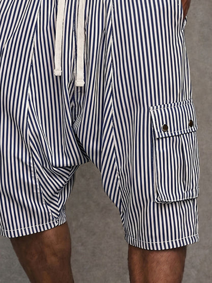Versatile Pinstripe Drop Crotch Drawstring Shorts