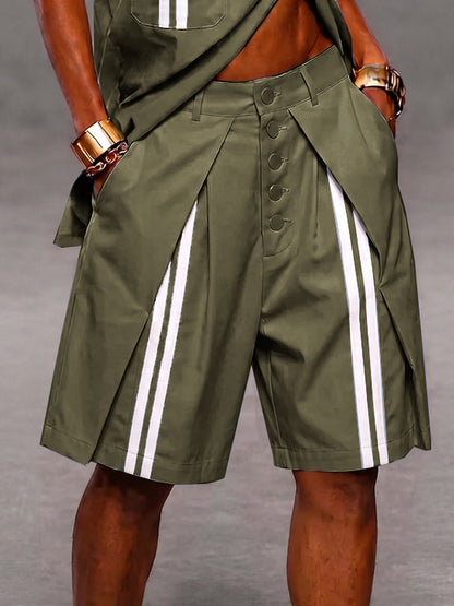 Casual Patchwork Detail Button Front Stripe Shorts