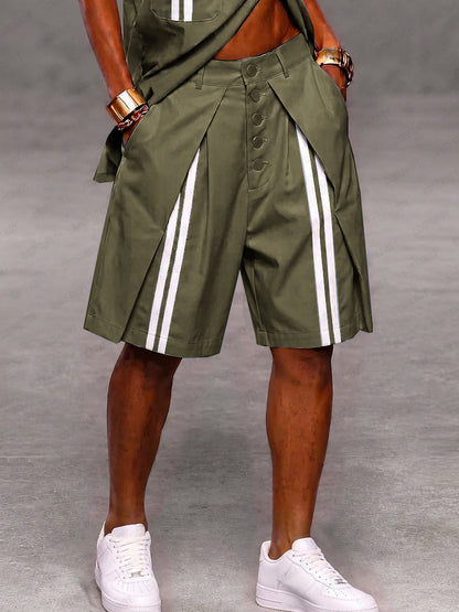Casual Patchwork Detail Button Front Stripe Shorts