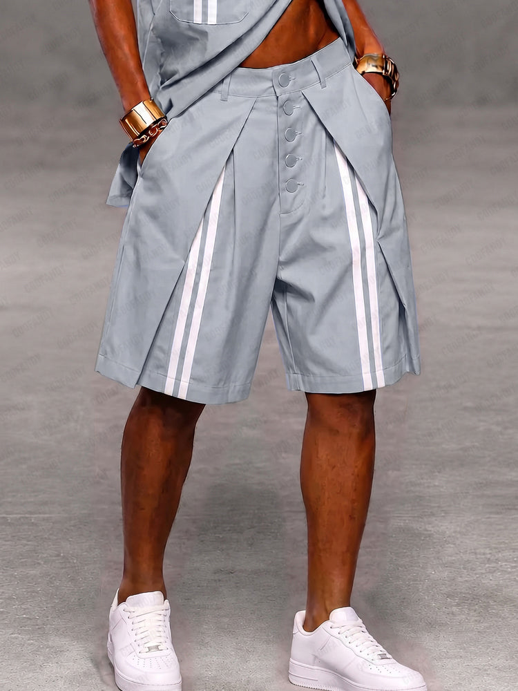 Casual Patchwork Detail Button Front Stripe Shorts