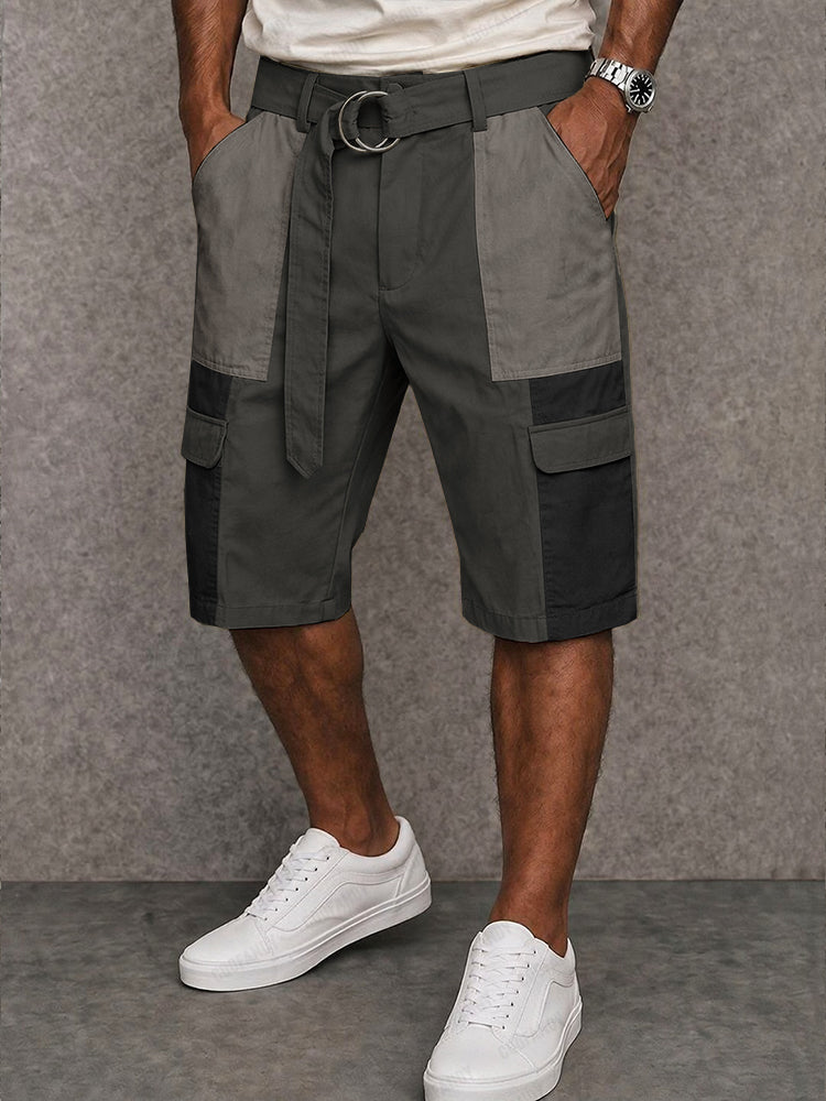 Trendy 100% Cotton Colorblock Belted Cargo Shorts