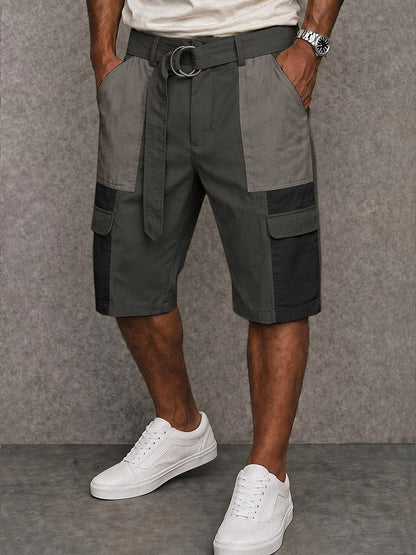 Trendy 100% Cotton Colorblock Belted Cargo Shorts