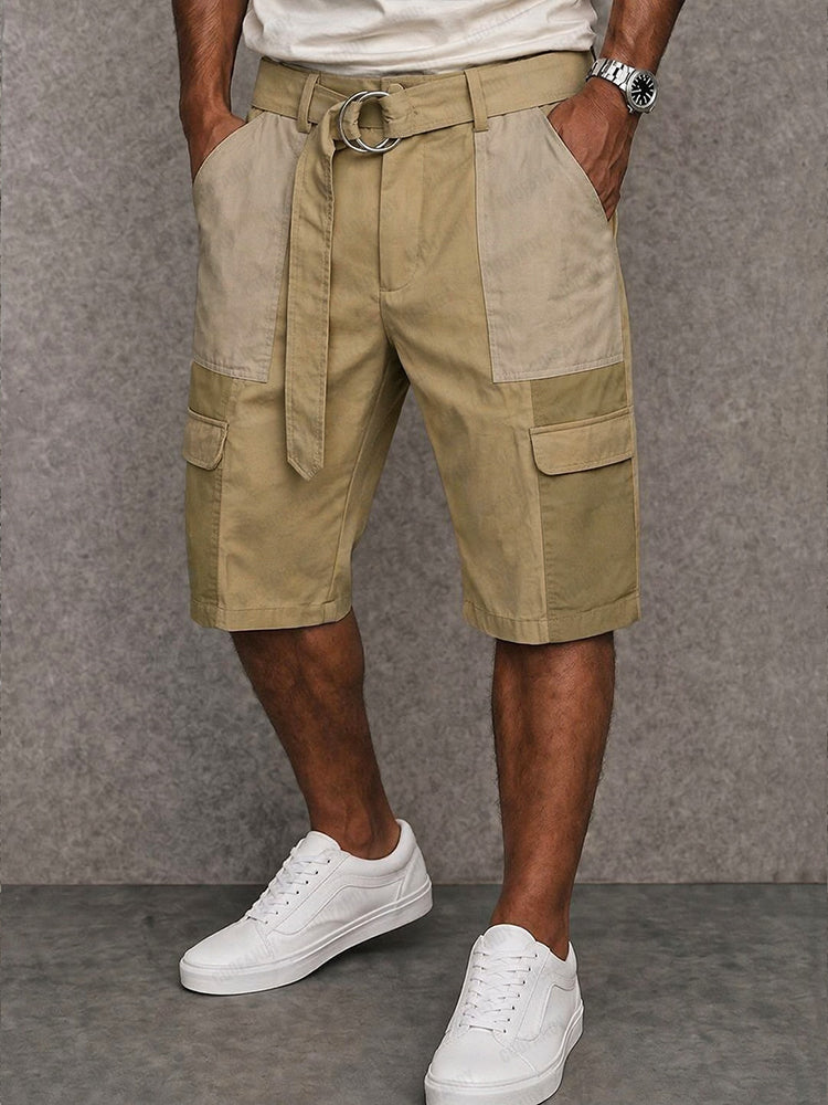 Trendy 100% Cotton Colorblock Belted Cargo Shorts