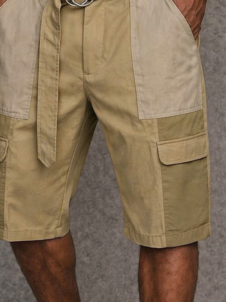 Trendy 100% Cotton Colorblock Belted Cargo Shorts