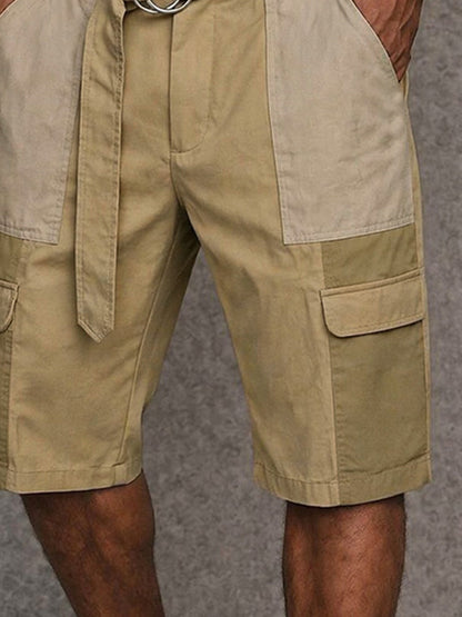Trendy 100% Cotton Colorblock Belted Cargo Shorts