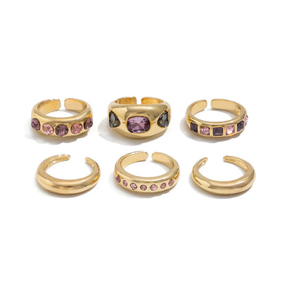 Luné® | Vivienne — Set van 6 Goudkleurige Ringen met Paarse Zirkonen