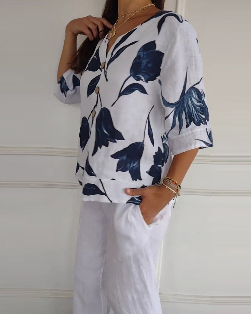 Luné® | Amélie — Elegante Katoen-Linnen Top met Bloemenprint