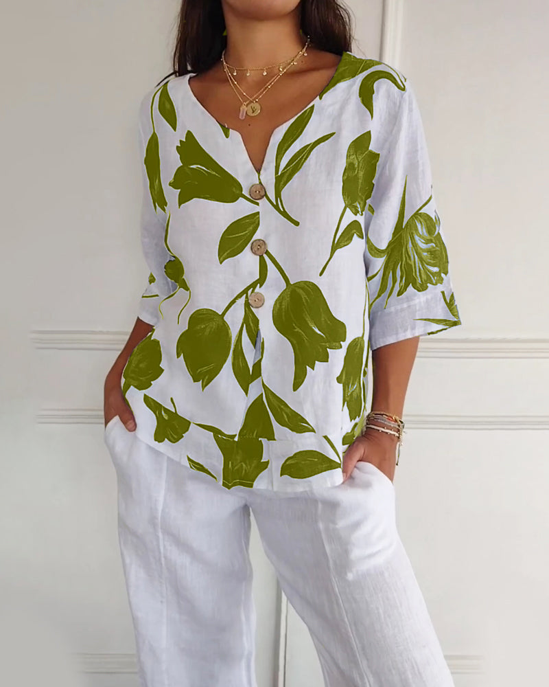 Luné® | Amélie — Elegante Katoen-Linnen Top met Bloemenprint
