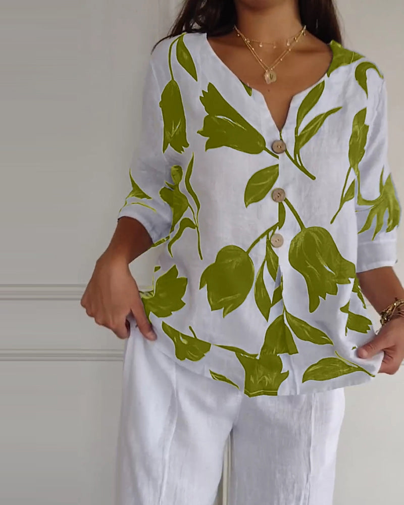 Luné® | Amélie — Elegante Katoen-Linnen Top met Bloemenprint
