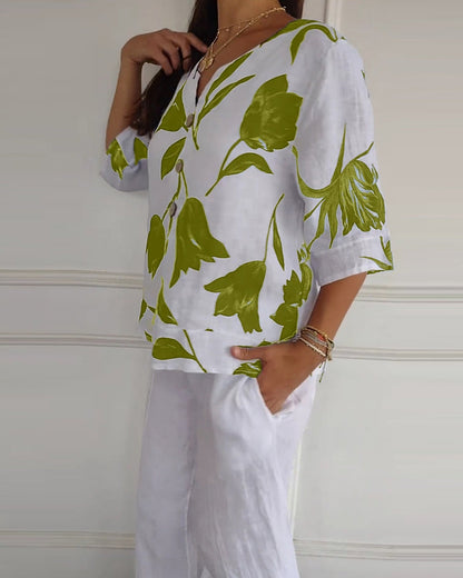 Luné® | Amélie — Elegante Katoen-Linnen Top met Bloemenprint