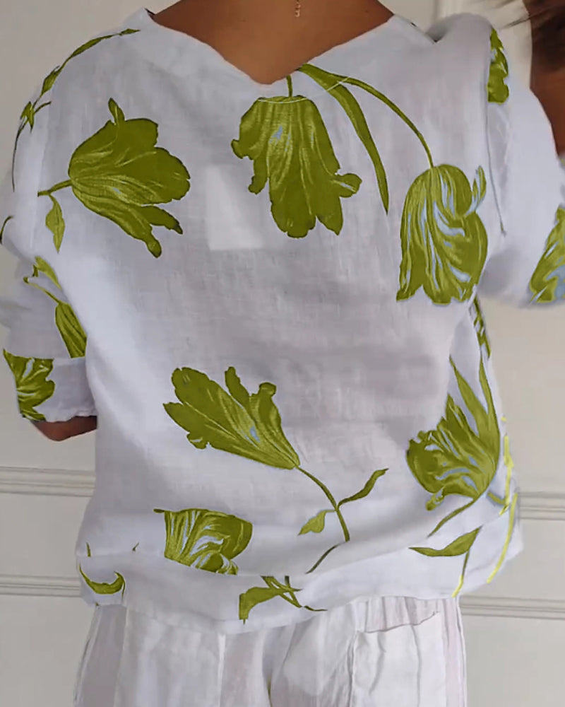 Luné® | Amélie — Elegante Katoen-Linnen Top met Bloemenprint